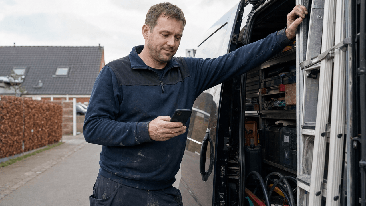 Mester der sidder med telefonen og laver et tilbud i bilen